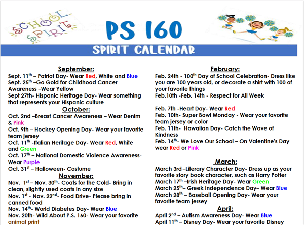 School Spirit Calendar displays dates and attire